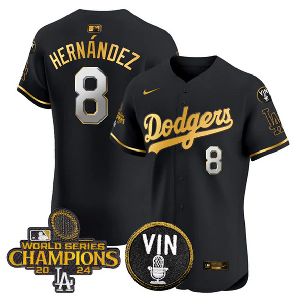 Men's Los Angeles Dodgers #8 Enrique Hernández Black/Gold 2024 World Series Champions With Vin Patch Vapor Limited Stitched Baseball Jersey Men's Los Angeles Dodgers #8 Enrique Hernández Black/Gold 2024 World Series Champions With Vin Patch Vapor Limited Stitched Baseball Jersey